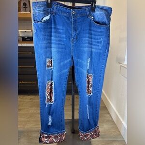 L&B Women's size 18 Distressed Football Patch Stretch Denim Straight Leg - NWOT